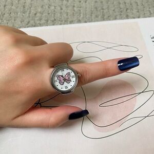 Silver Pink Butterfly “Working Watch” Clock Y2K Ring